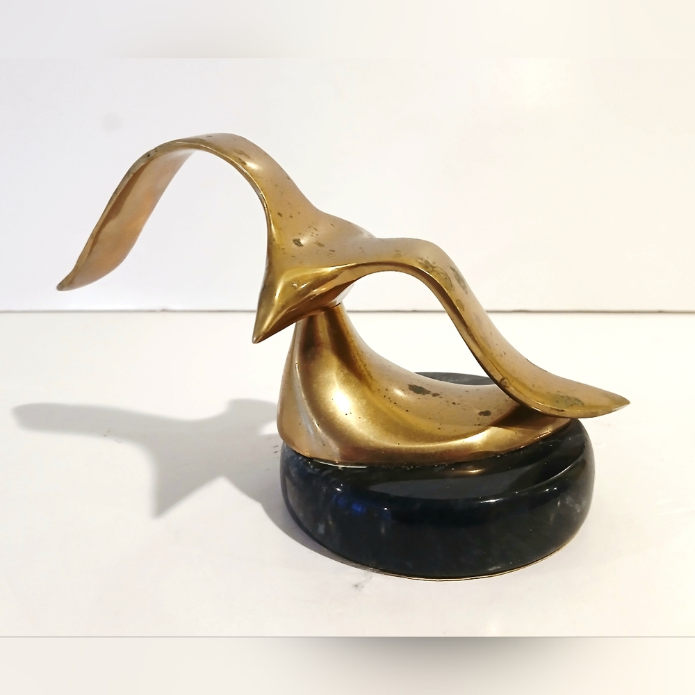 Vintage Brass Seagull Sculpture on Black Marbled Base